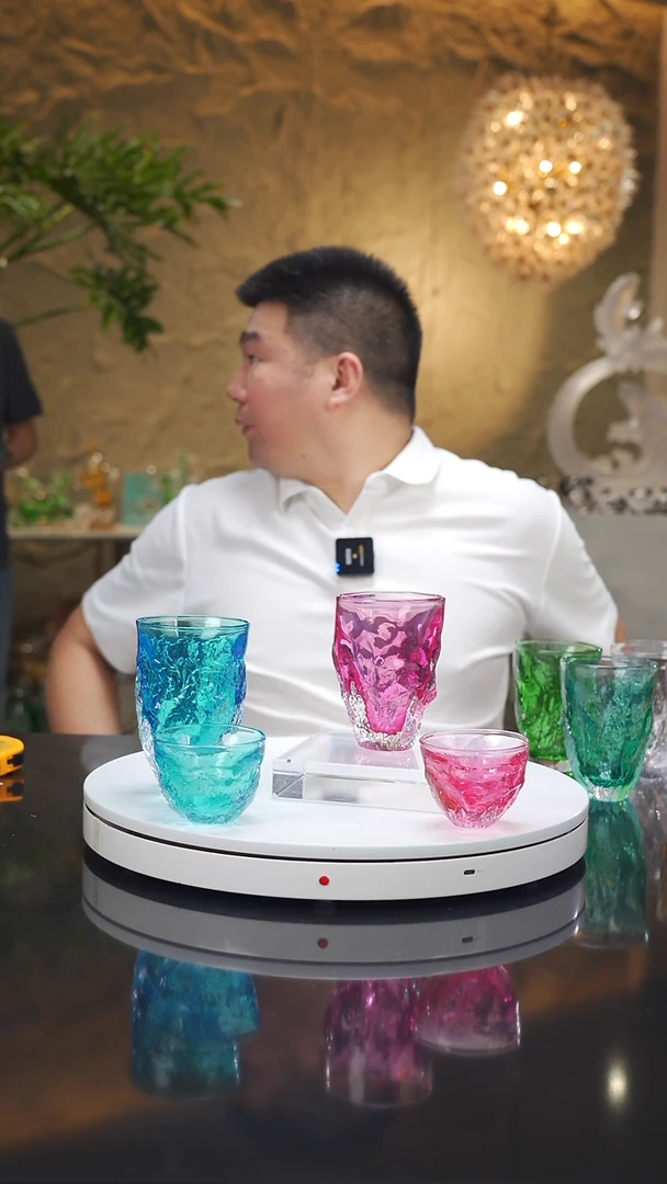 琉璃手工艺品设计款金红蓝水杯一对带茶杯一对