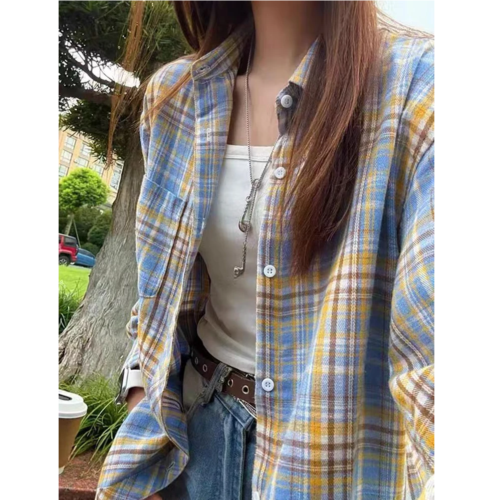 浅蓝格子衬衫女长袖高级感衬衣秋季新款慵懒外套韩版宽松外穿百搭