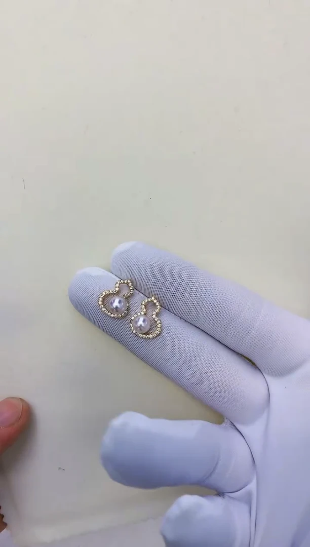 银S925镶嵌饰品海水珍珠金色葫芦耳钉