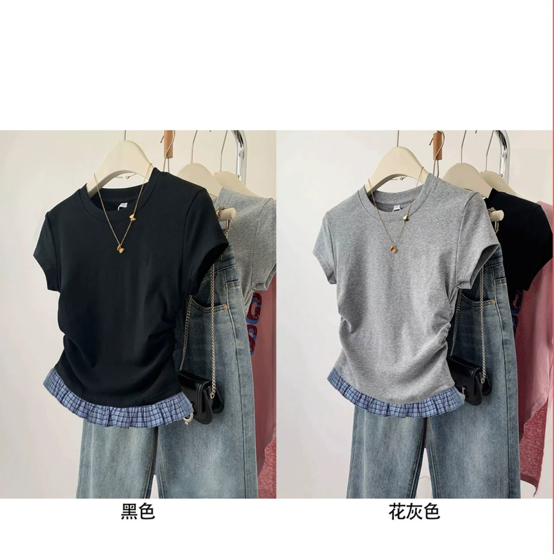 设计感时尚insT恤手臂粗适合的上衣显瘦假两件短袖简约拼接