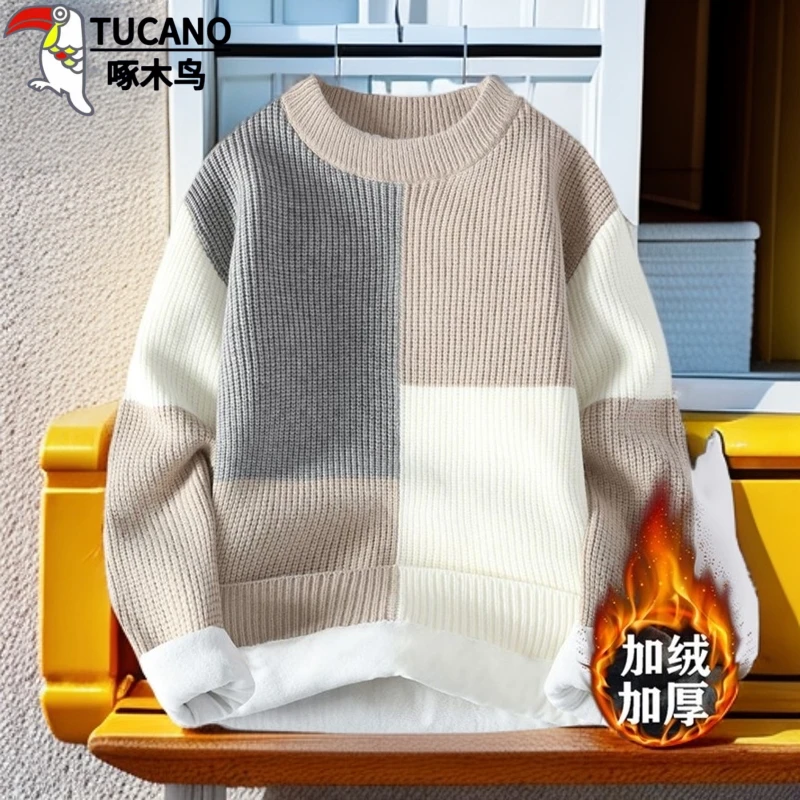 啄木鸟2025新款加绒毛衣青少年加绒打底衫冬季港风潮流保暖毛衣衫