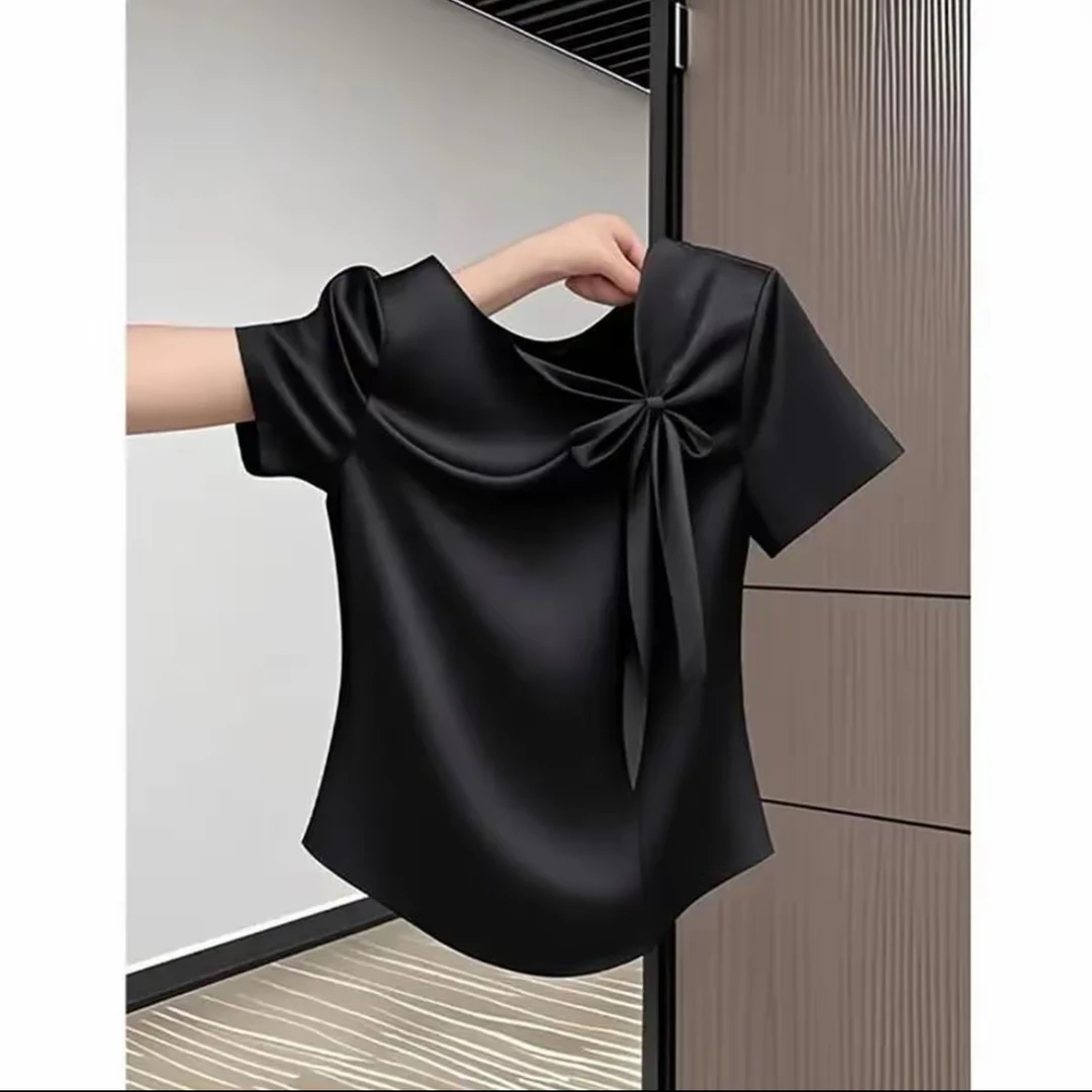 蝴蝶结短袖T恤女2025夏季超好看时尚百搭显瘦设计感上衣#890
