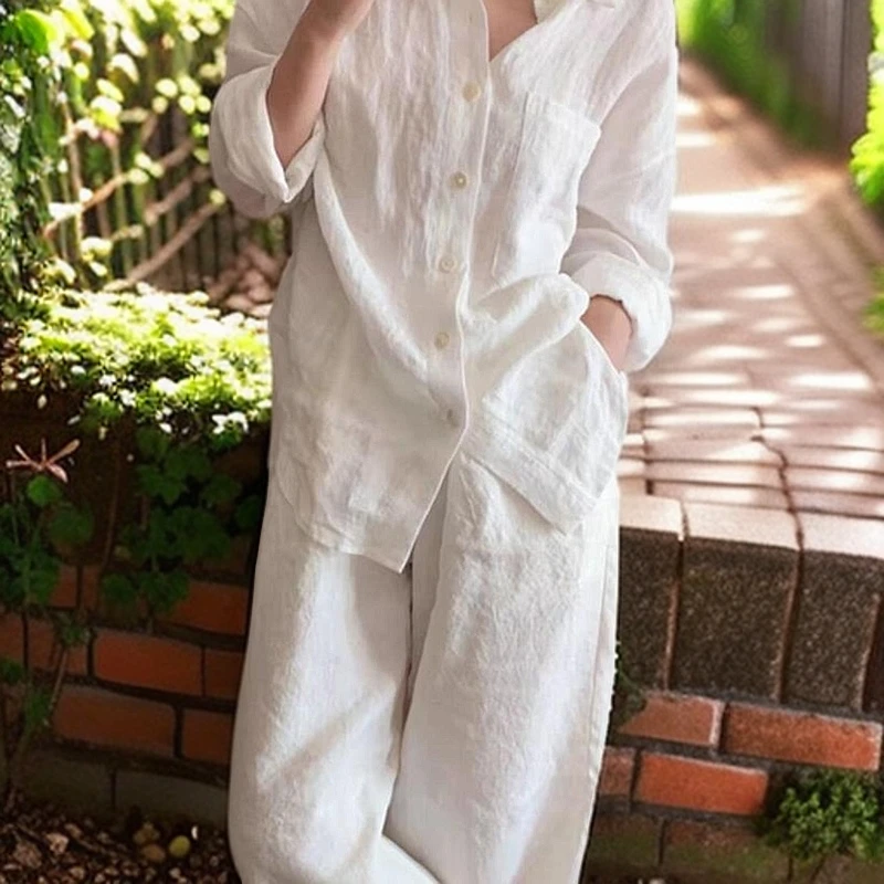 2025年时尚潮白色夏季宽松型长袖法式对襟家居服套装日系衬衫防晒