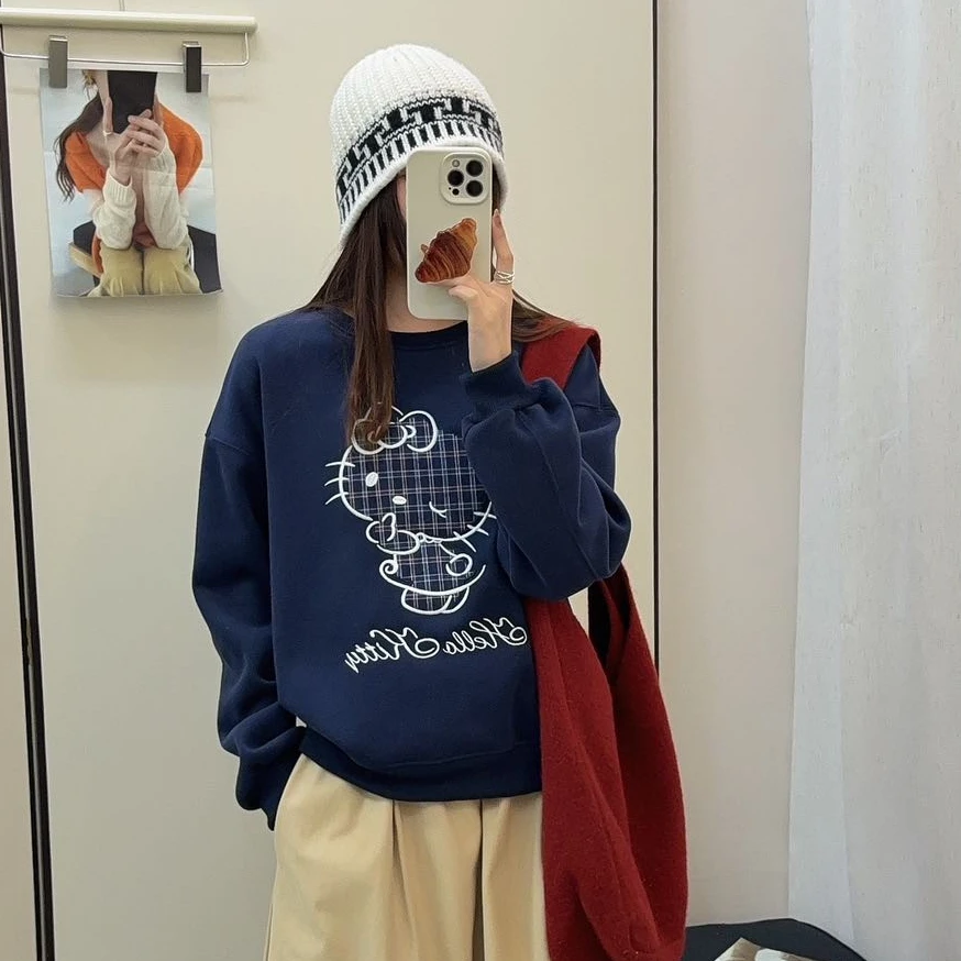 程程甄选 韩系卡通猫咪字母减龄格纹贴布刺绣加绒休闲卫衣9190