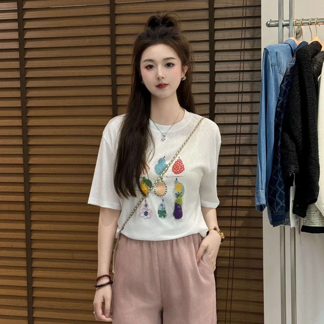 宿慕SUMU设计感短袖T恤女2025新款夏季宽松圆领洋气衣服小雨女装
