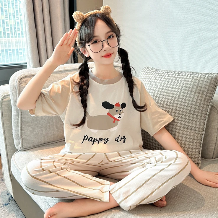 儿童卡通纯棉睡衣女大童夏季新款短袖家居服套装女孩空调服三件套