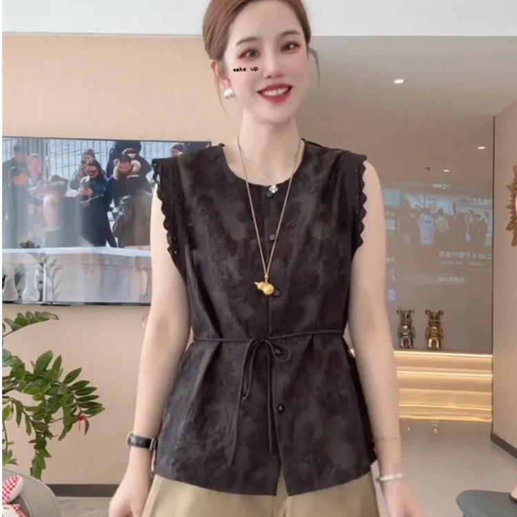 时尚宽松提花无袖衬衫2025新款夏季慵懒收腰设计显瘦小个子上衣潮