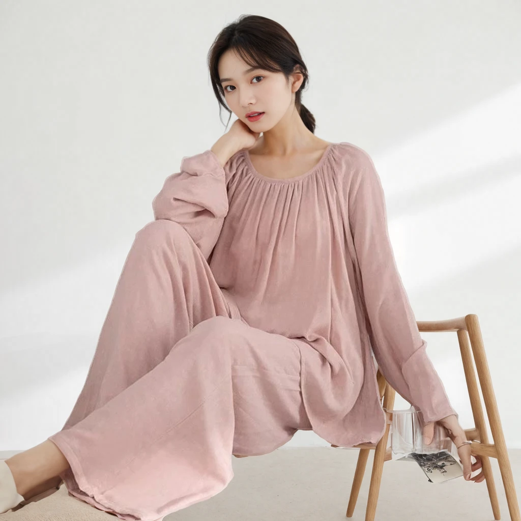 韩版休闲时尚宽松大码睡衣女新款ins慵懒圆领长袖长裤家居服套装
