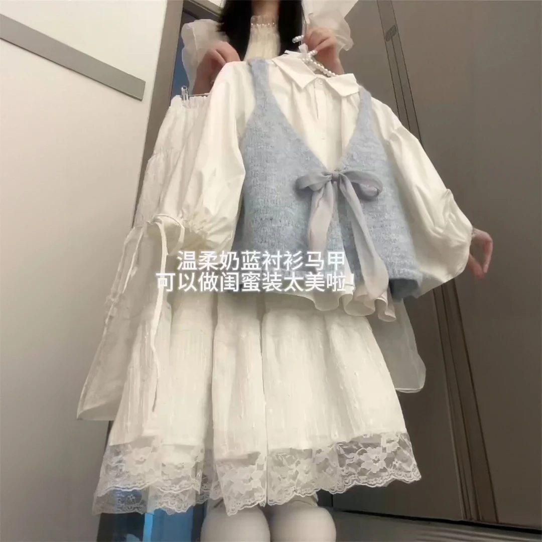套装女秋季学院风穿搭蝴蝶结针织马甲毛衣半身裙娃娃领衬衫三件套