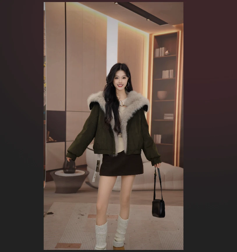 2025新款牛皮绒真狐狸毛短款女士羽绒休闲外套66131