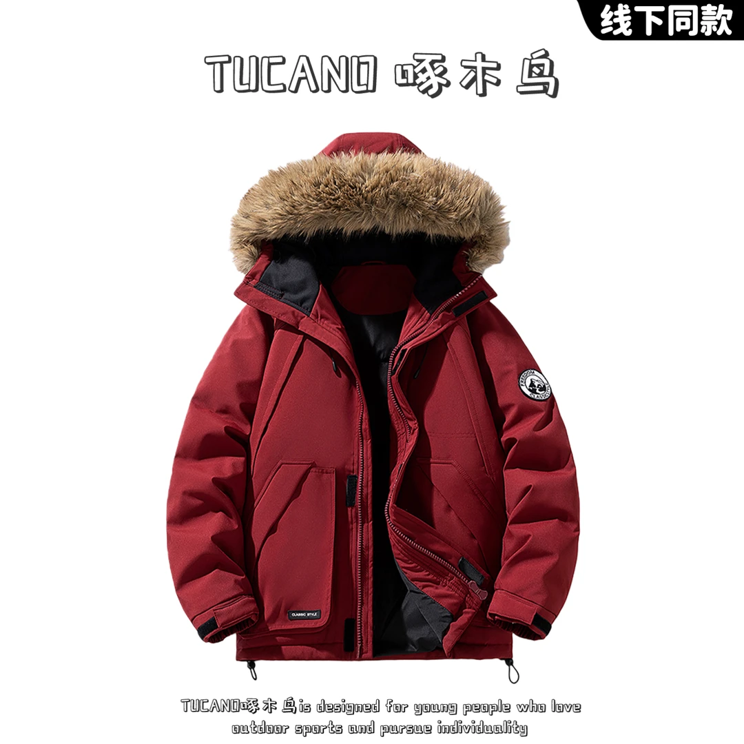 啄木鸟美式复古连帽毛领棉服男士秋冬季加厚保暖百搭韩版休闲外套