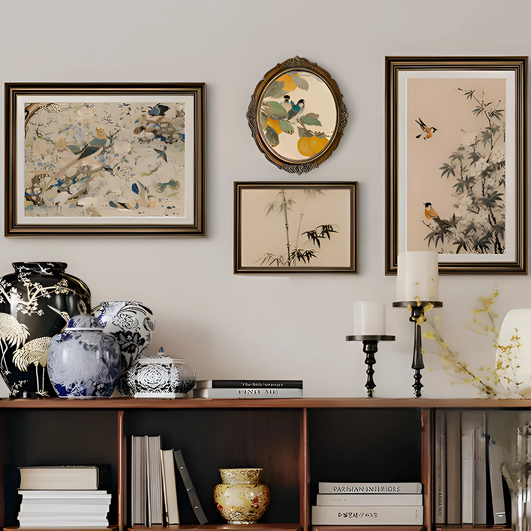 法式中国风客厅沙发背景挂画组合画新中式花鸟玄关餐厅边柜装饰画