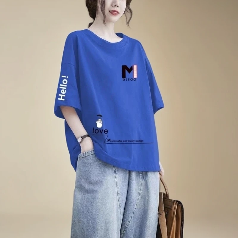 清仓捡漏100%纯棉圆领短袖t恤女夏季休闲宽松圆领大码女洋气减龄