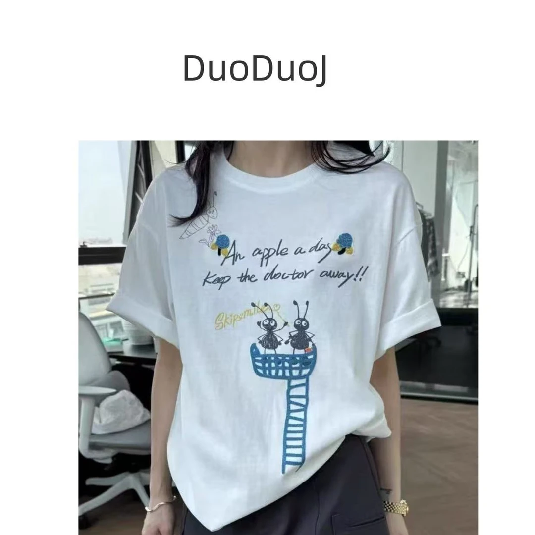 【DuoDuoJ】【蚂蚁】韩版休闲百搭圆领卡通半袖设计感简约T恤短袖