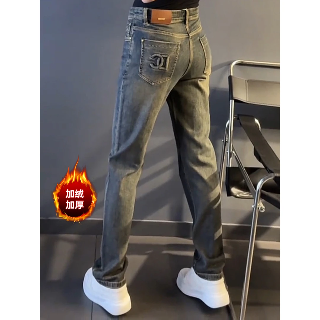 轻奢男装大码潮牌男士秋冬加绒牛仔裤直筒复古休闲长裤百搭潮时尚