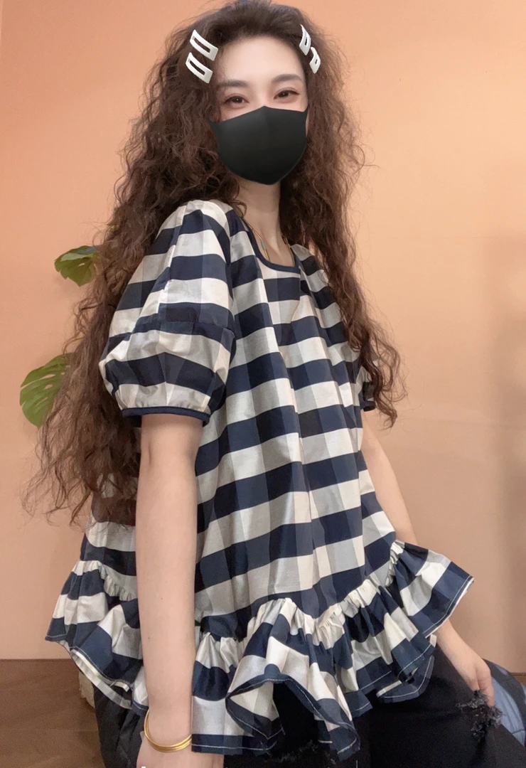 museguhui/木色古汇5027#时尚夏季宽松格子百搭设计师减龄上衣