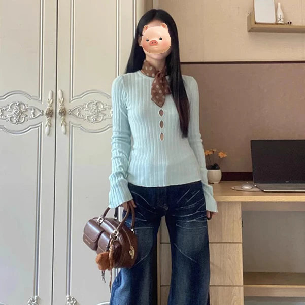 绿色镂空长袖针织衫女2025早秋季新款修身纯欲辣妹内搭打底衫上衣