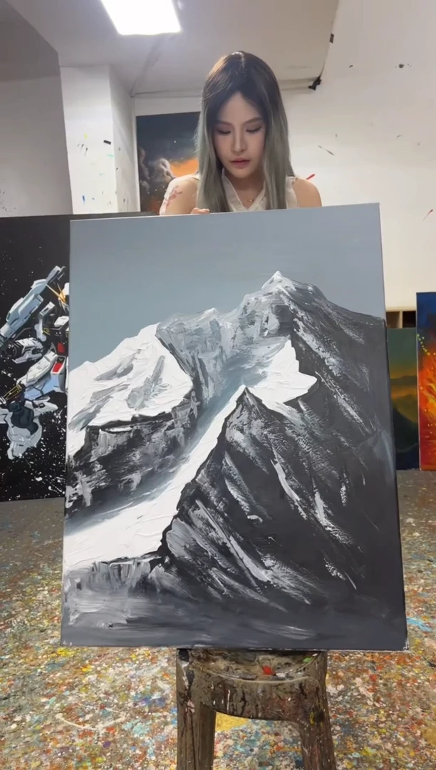 丙烯画大树老师雪山送框