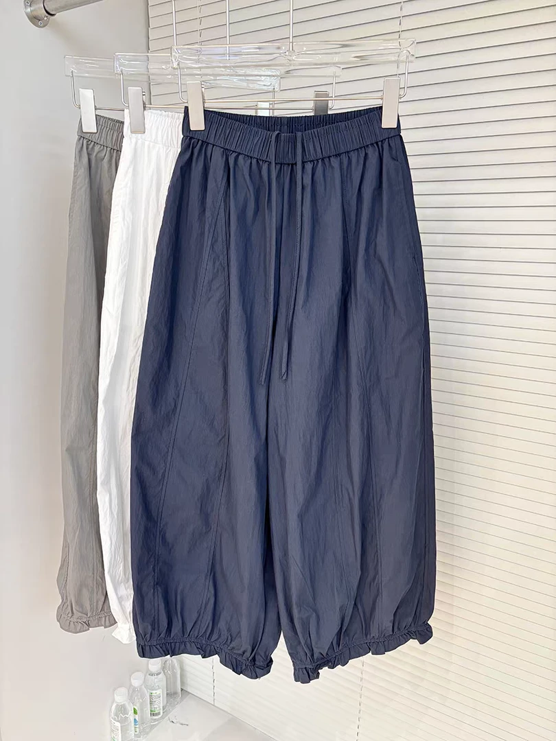 洗水棉大码阔腿裤女夏薄款木耳花边八九分裤子高腰直筒显瘦休闲裤