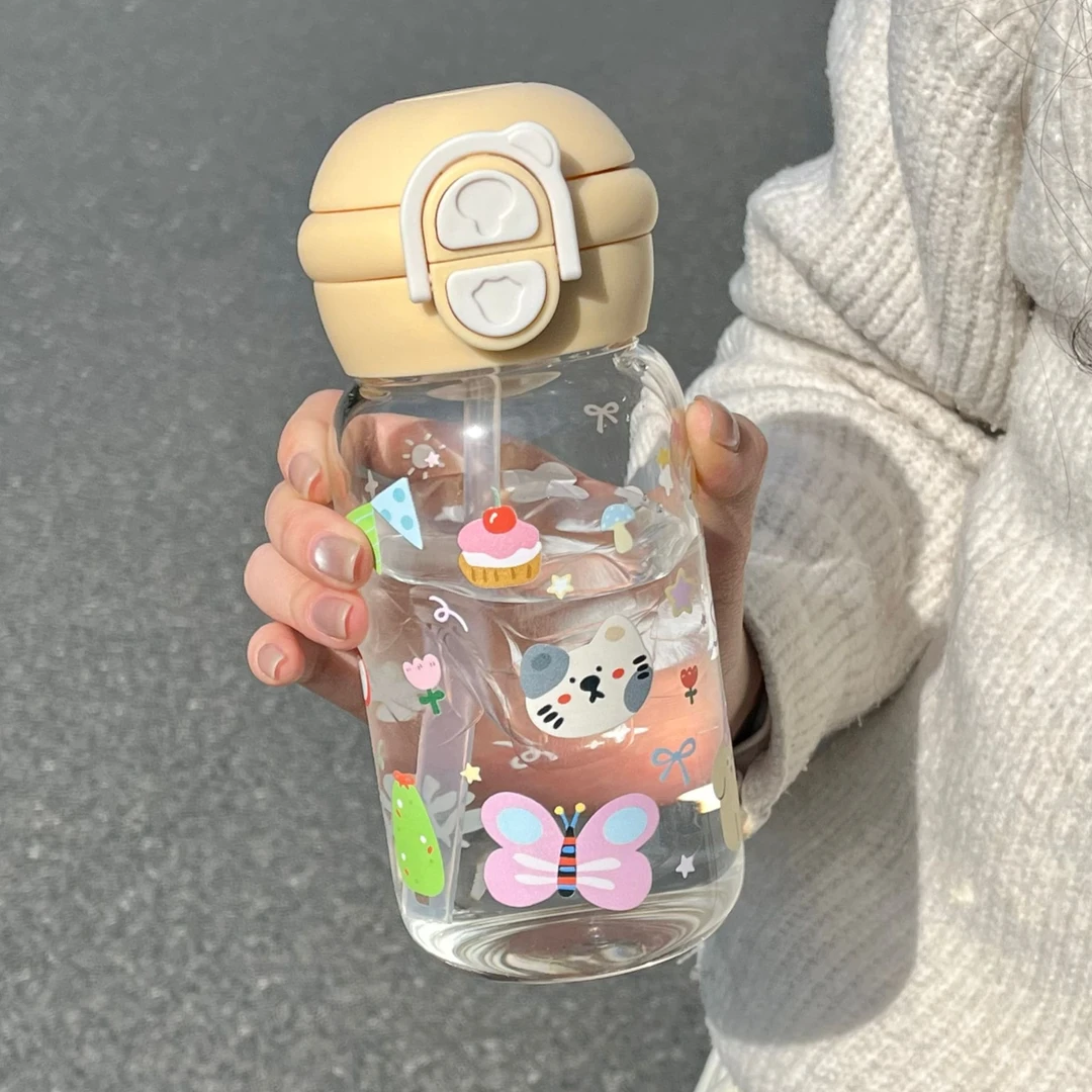 恒度原创涂鸦小狗高颜值耐高温塑料杯女学生卡通便携吸管双饮水杯