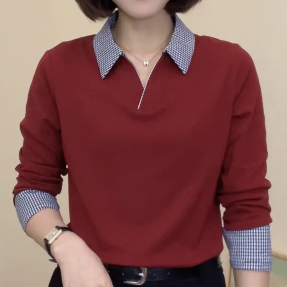 2025春季新款女士时尚休闲简约洋气减龄polo领长袖格子领上衣