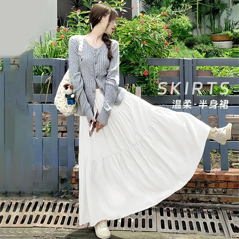 【4个裙长】小个子白色韩系温柔风高腰显瘦百搭中长款松紧腰半身裙