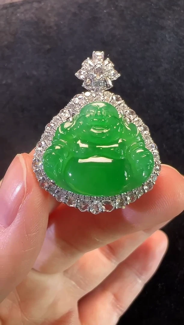 吊坠(不含链)18K金镶嵌翡翠高冰正阳绿佛公吊坠