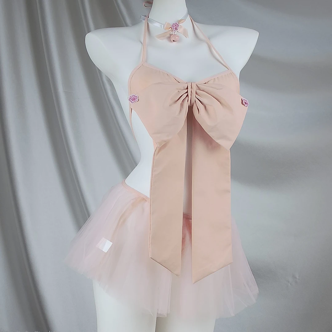 【浪漫】可爱甜美蝴蝶结绑带软纱蕾丝美背纯欲性感粉红色连体睡裙