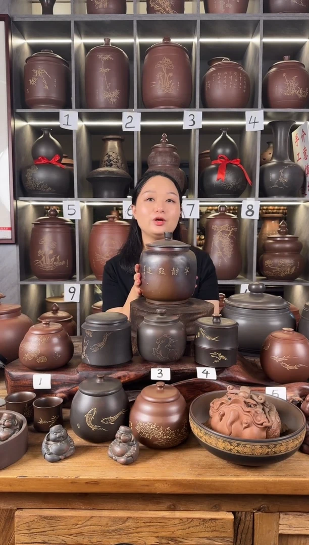 ⭕**鍅本陶手作坭兴陶1斤柴烧茶叶罐手工痕迹气泡瑕疵