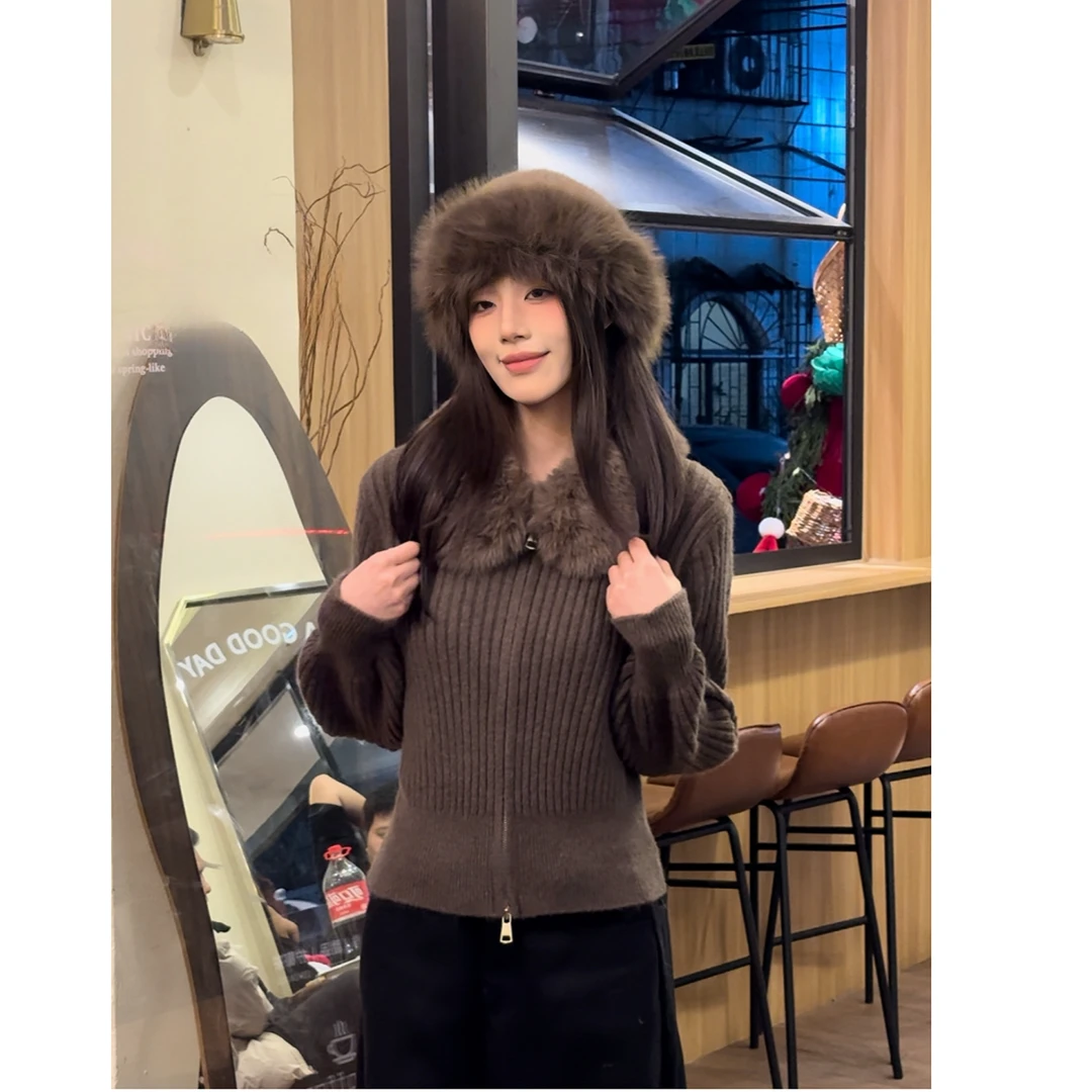 保暖毛领毛衣秋季时尚针织衫女常规常规款甜美风短款翻领外套