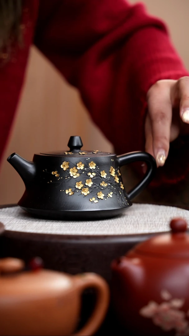 【闪购商品】紫砂茶壶捂灰朱泥描金梅花柱础012