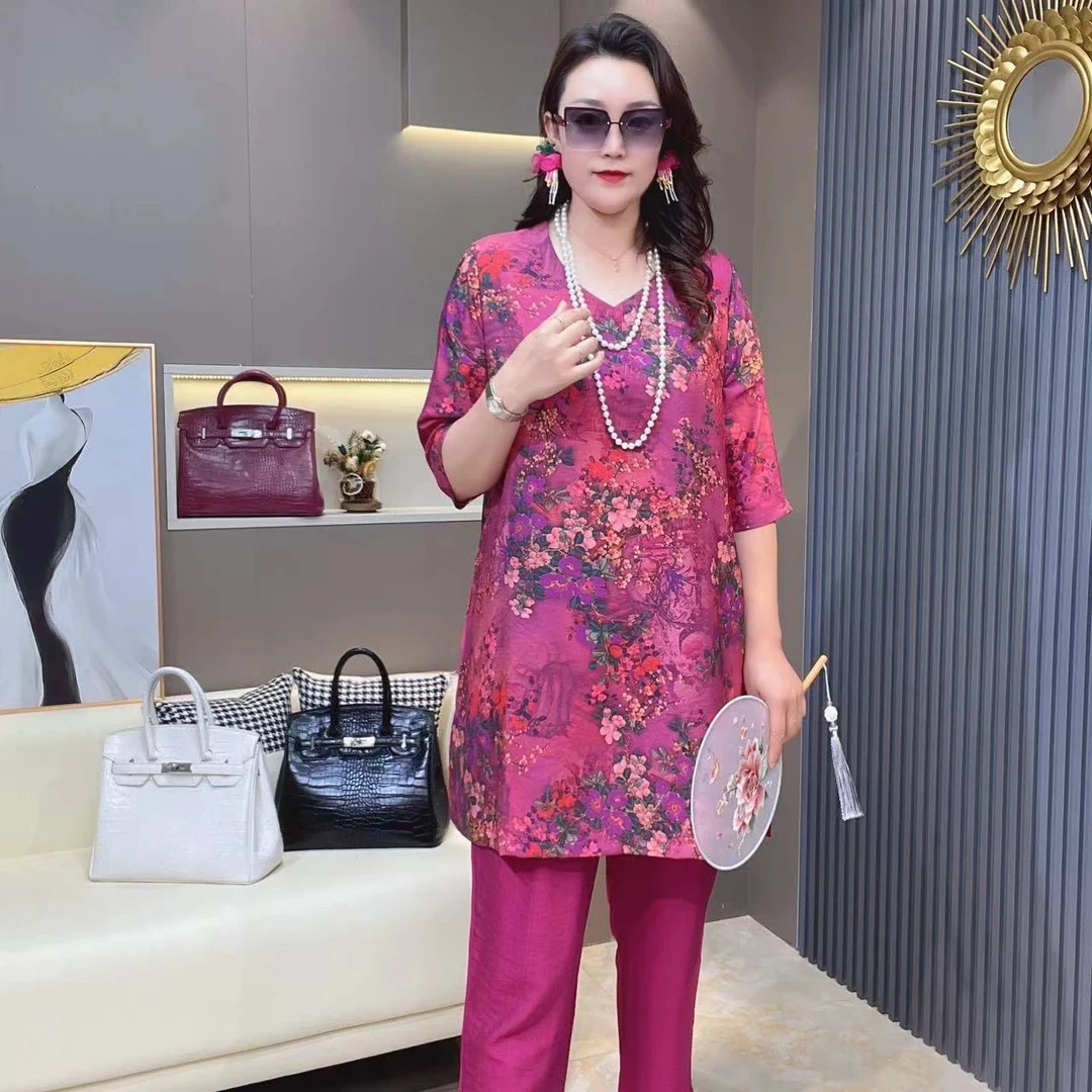 夏季洋气时髦多巴胺休闲套装遮肚显瘦印花中袖T恤直筒裤两件套女