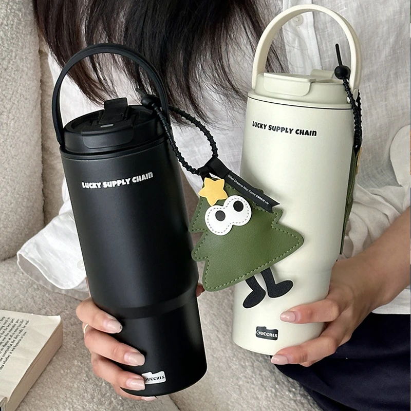 高颜值提手陶瓷内胆保温杯双饮吸管水杯便携车载简约ins冰霸水杯