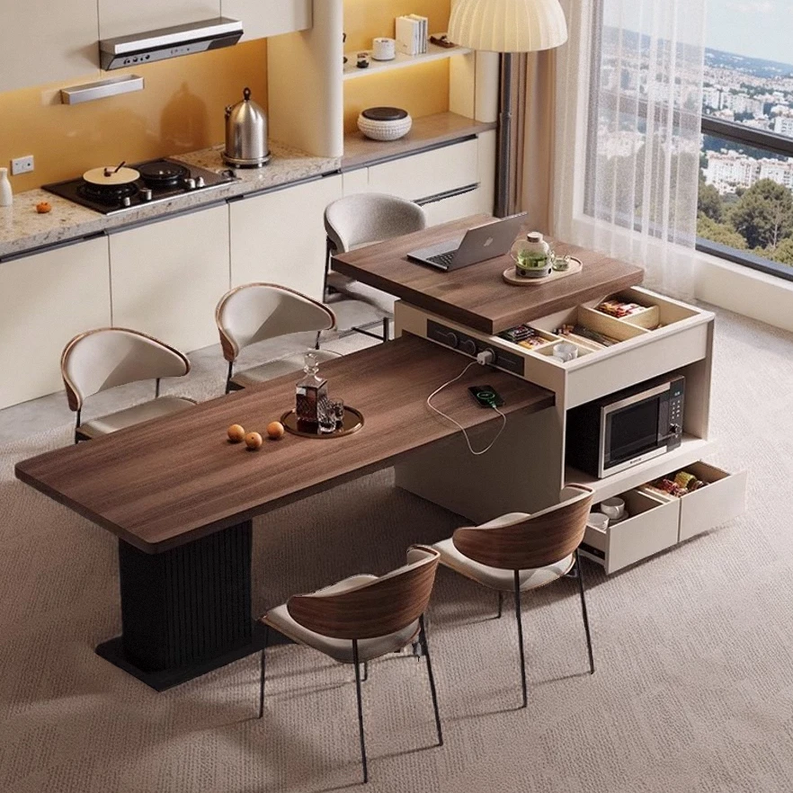 淘之梦胡桃色木纹岩板岛台餐桌一体意式中古风可伸缩岛头可推拉