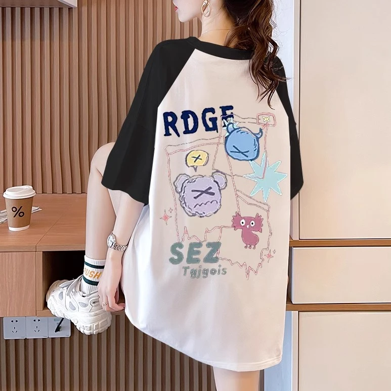 中长款黑白撞色插肩袖纯棉短袖t恤女大码上衣胖mm高级感夏季穿搭