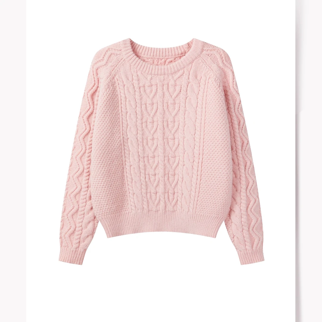 羊城故事-冬季粉色麻花套头针织衫百搭宽松圆领上衣Y51256413