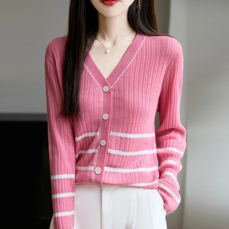 哥弟阿玛施正品长袖毛针织衫条纹针织宽松型女女士针织开衫外套女