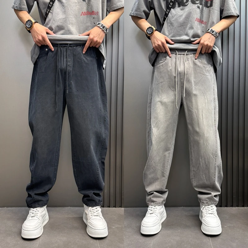 简约水洗做旧复古拼接设计休闲裤男宽松直筒长裤美式高街男生潮流