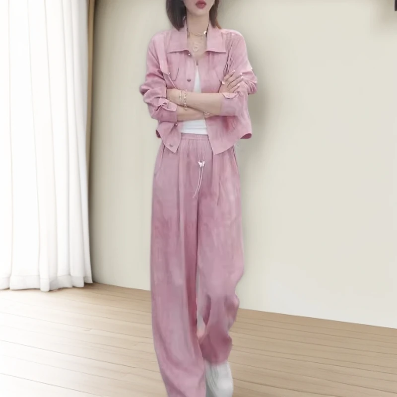 2025年夏季欧货休闲运动套装时尚洋气防晒衬衫高腰直筒裤两件套女