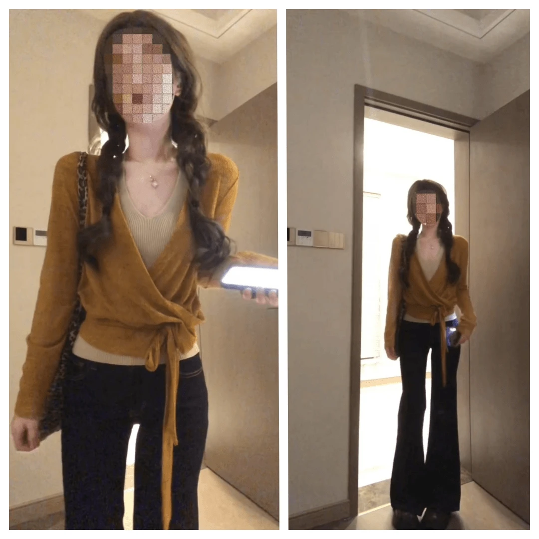 小众女装交叉v领绑带长袖针织衫秋季内搭吊带短款上衣修身微喇裤