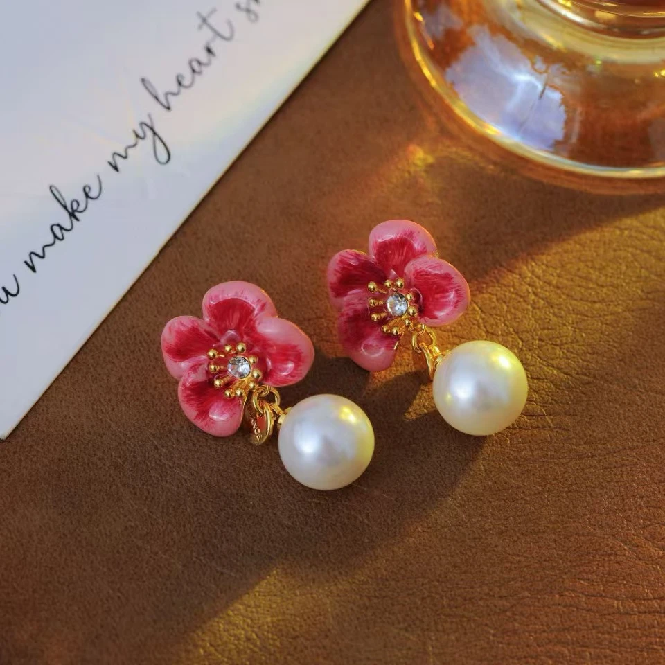 铜合金合成锆石耳饰 a097---渐变色珐琅立体花朵耳环通勤百搭