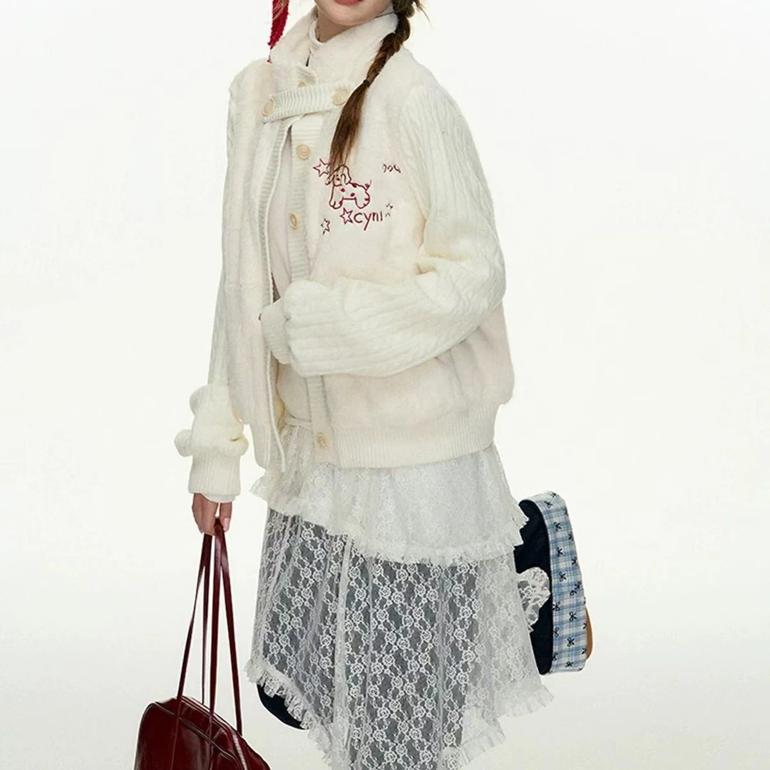 甜美针织拼接高密度刺绣毛毛外套加棉袖子套里高货外套