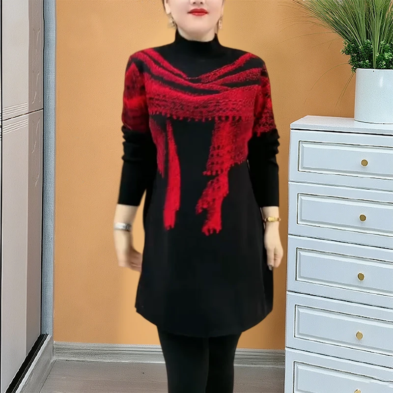 中年妈妈时尚印花中长款连衣裙秋冬款时尚大码女装休闲百搭打底裙