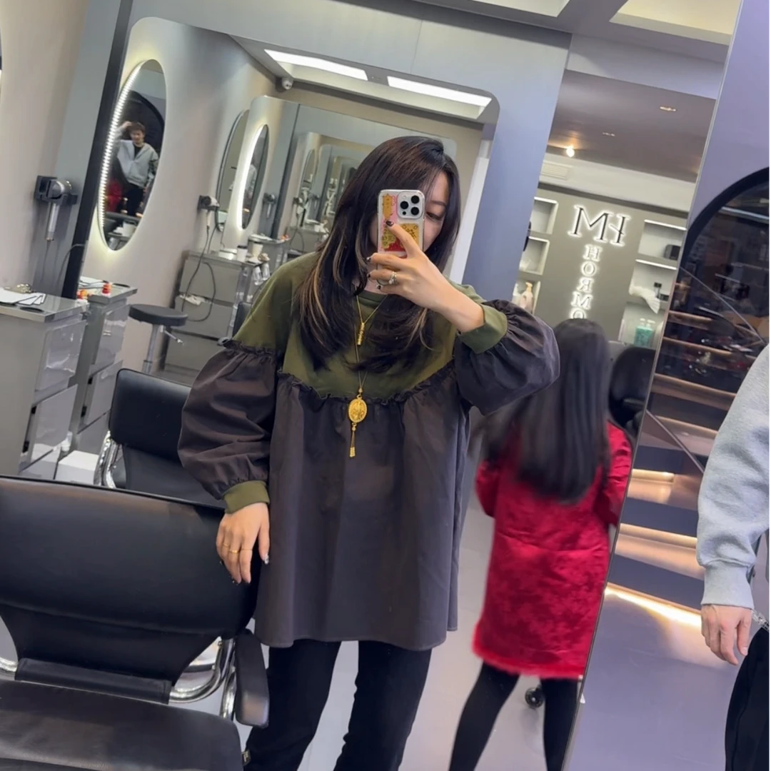 museguhui/木色古汇82508#春季拼色套头衫休闲百搭减龄上衣卫衣