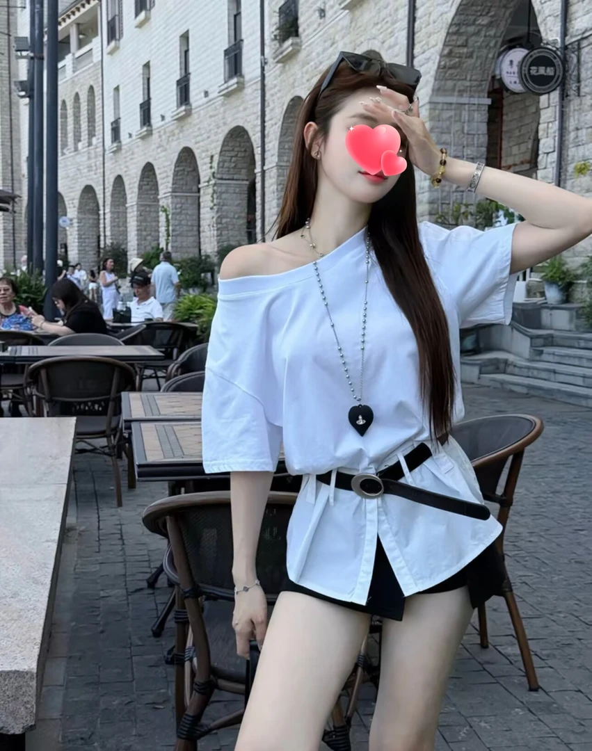 气质时尚小众显瘦斜肩短袖T恤女夏季露肩别致独特裙裤两件套