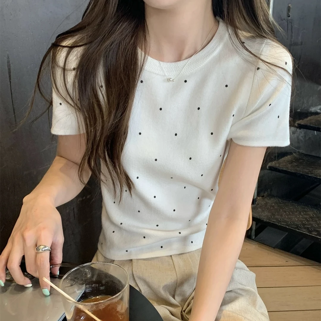 波点短袖针织衫T恤女修身2025新款夏季高级感薄款短款小个子上衣