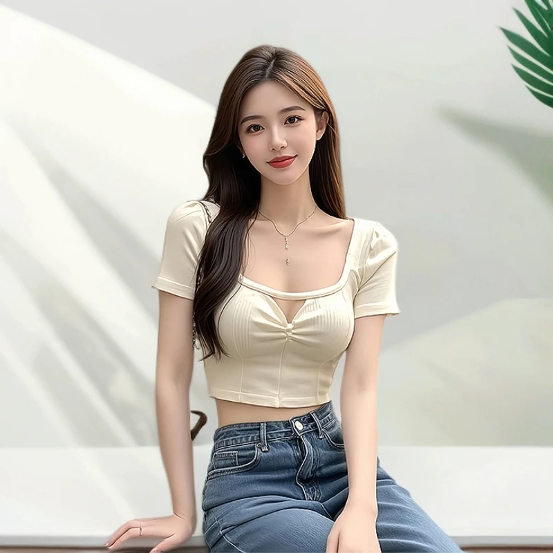 短袖t恤女2025新款爆款夏季独特漂亮设计感性感方领高腰短款上衣