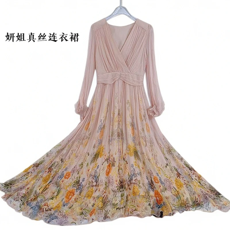 真丝连衣裙2025夏桑蚕丝长袖印花气质时尚优雅 杏花色 250116-1
