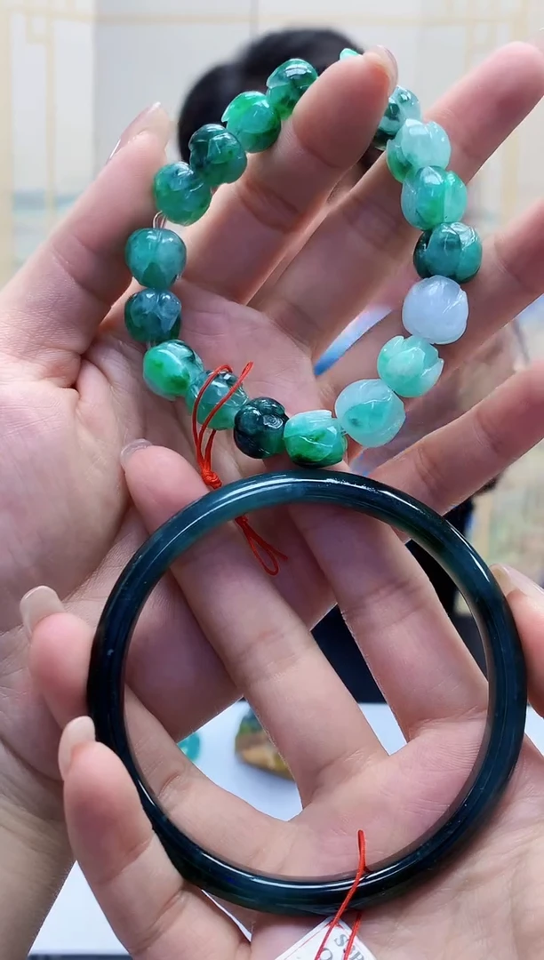 定制翡翠未镶嵌5060lr-毛货手镯55圈+手串155