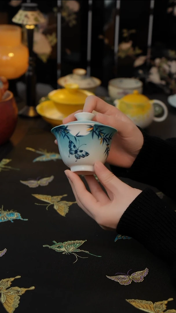 竹蝶映月   盖碗